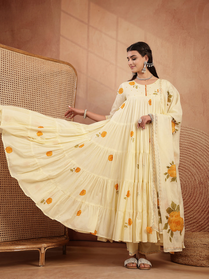 Malmal Calf Length Printed 3/4 Sleeves Round Neck Anarkali Kurta Suit Set