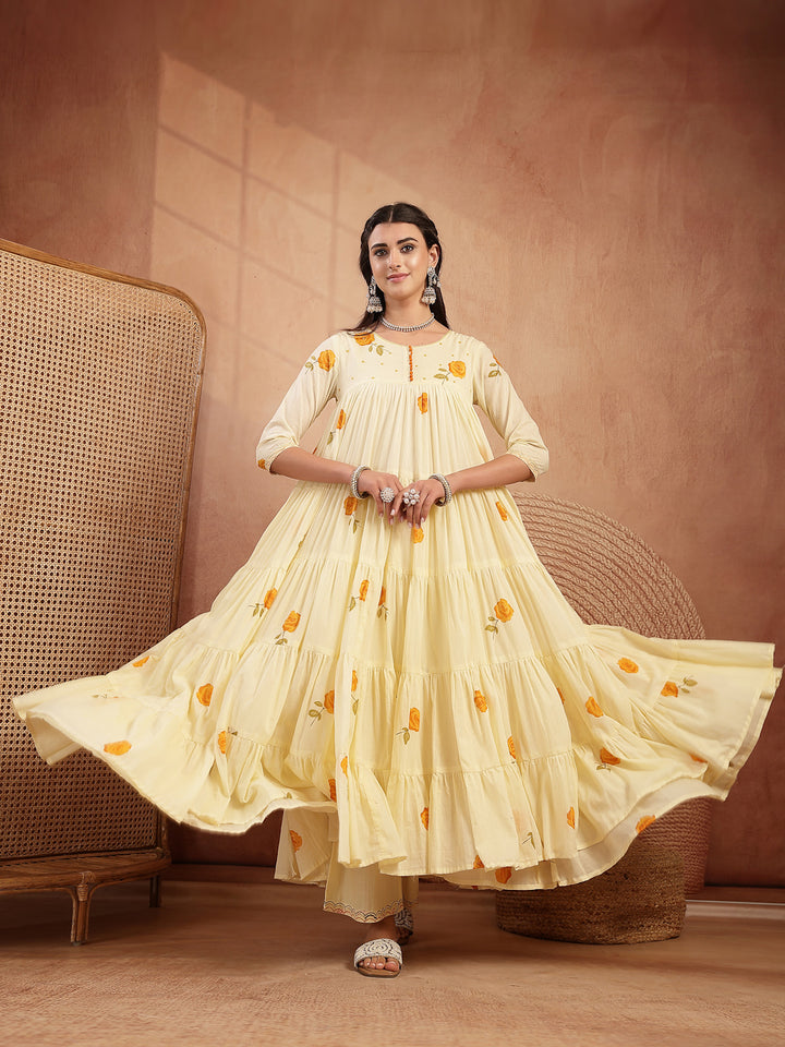 Malmal Calf Length Printed 3/4 Sleeves Round Neck Anarkali Kurta Suit Set