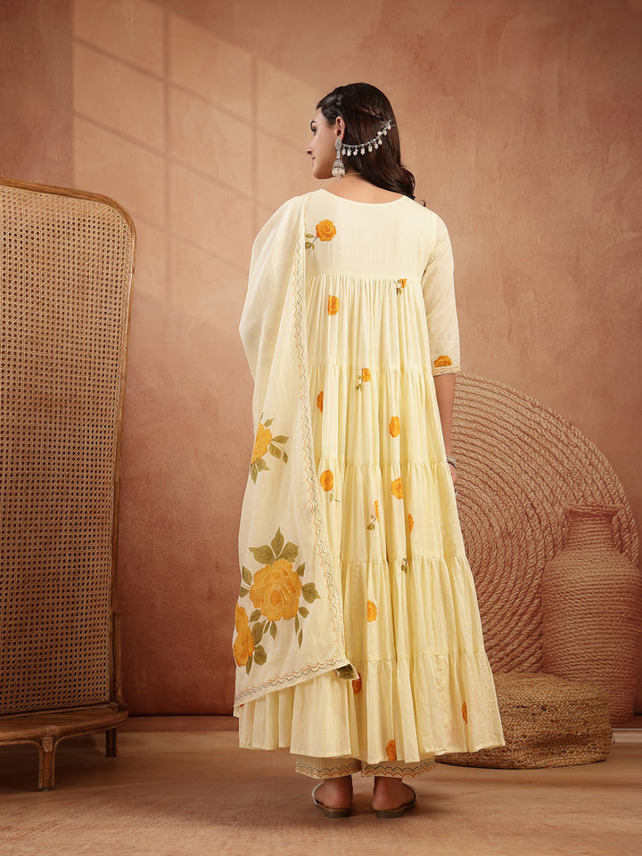 Malmal Calf Length Printed 3/4 Sleeves Round Neck Anarkali Kurta Suit Set