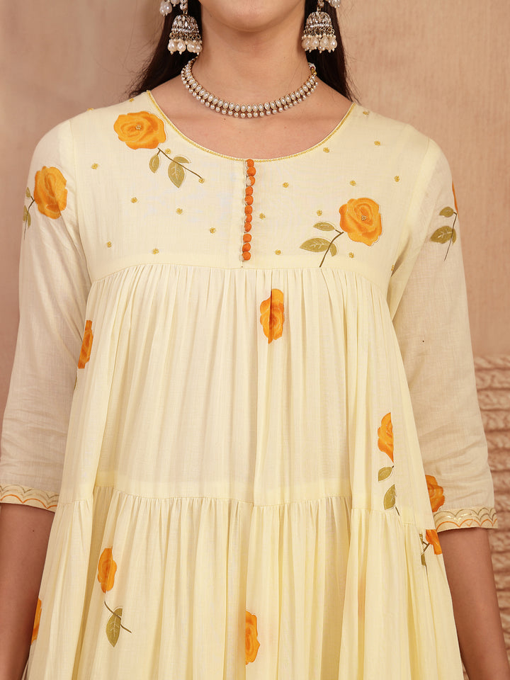 Malmal Calf Length Printed 3/4 Sleeves Round Neck Anarkali Kurta Suit Set