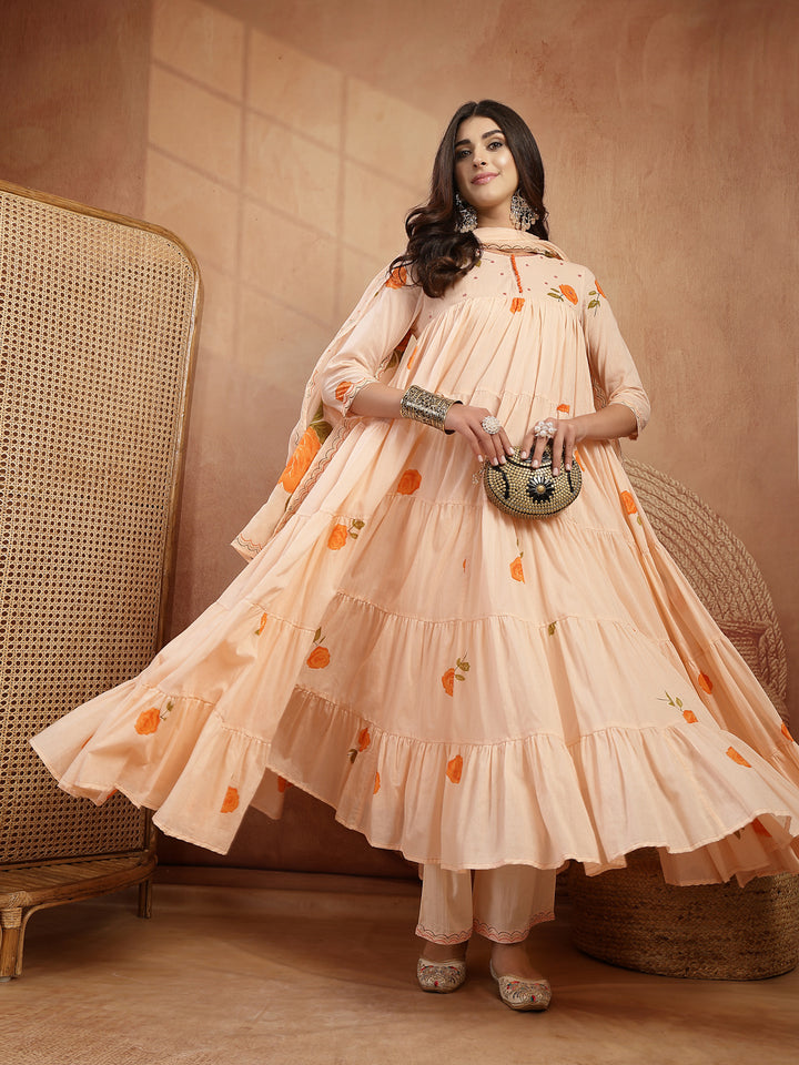 Malmal Calf Length Printed 3/4 Sleeves Round Neck Anarkali Kurta Suit Set