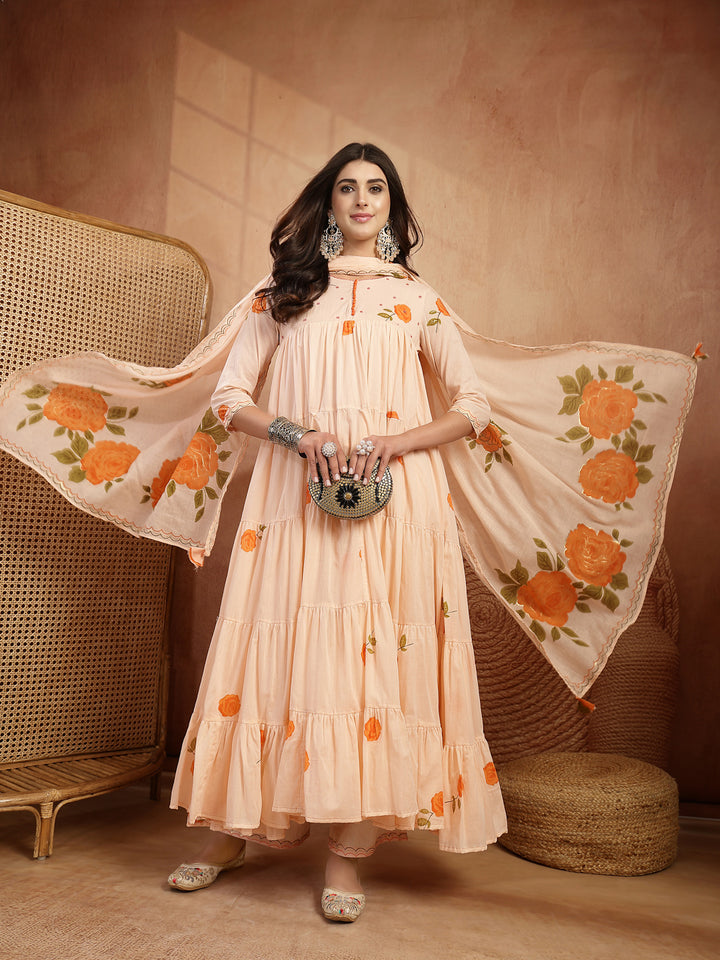 Malmal Calf Length Printed 3/4 Sleeves Round Neck Anarkali Kurta Suit Set