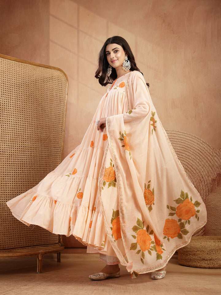 Malmal Calf Length Printed 3/4 Sleeves Round Neck Anarkali Kurta Suit Set