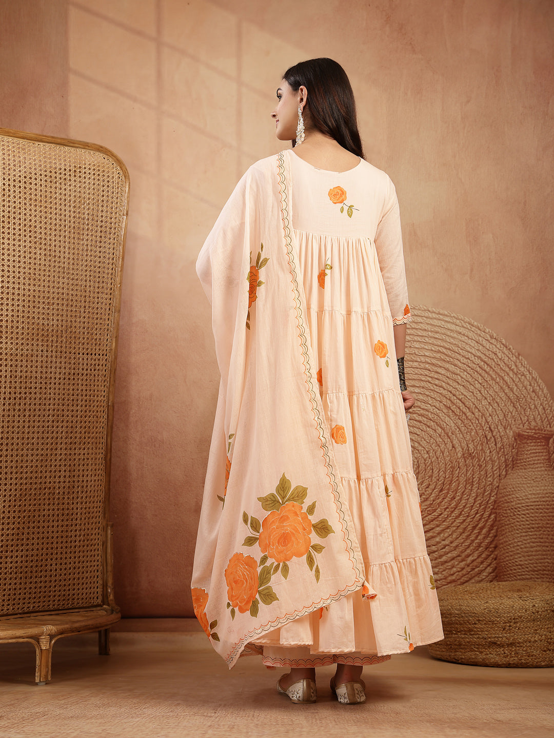 Malmal Calf Length Printed 3/4 Sleeves Round Neck Anarkali Kurta Suit Set