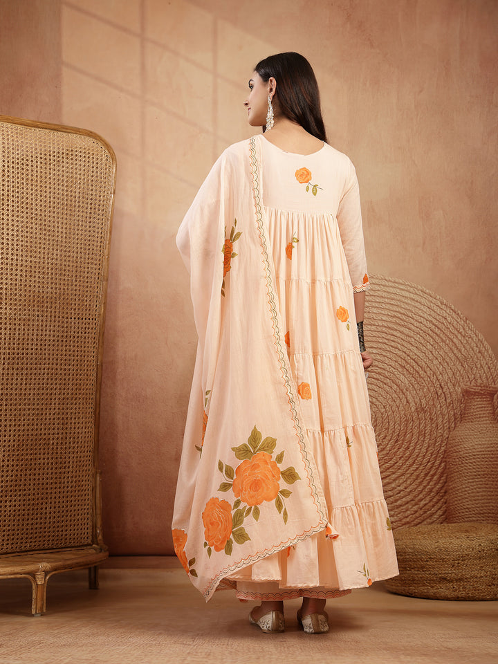 Malmal Calf Length Printed 3/4 Sleeves Round Neck Anarkali Kurta Suit Set
