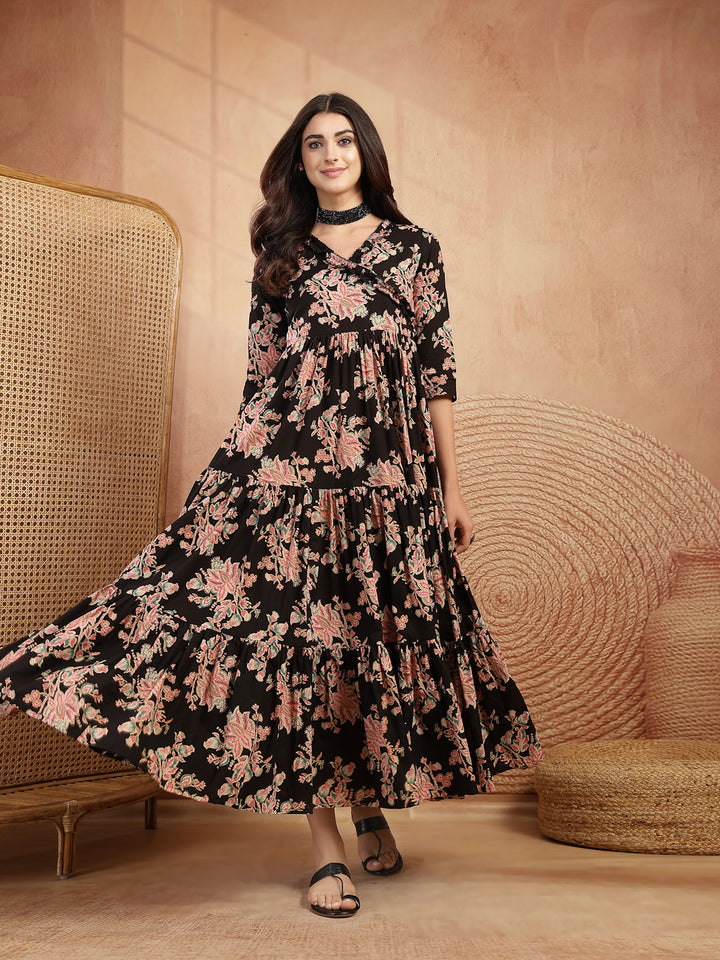 Cotton Calf Length Printed 3/4 Sleeves V-Neck Flared Kurta