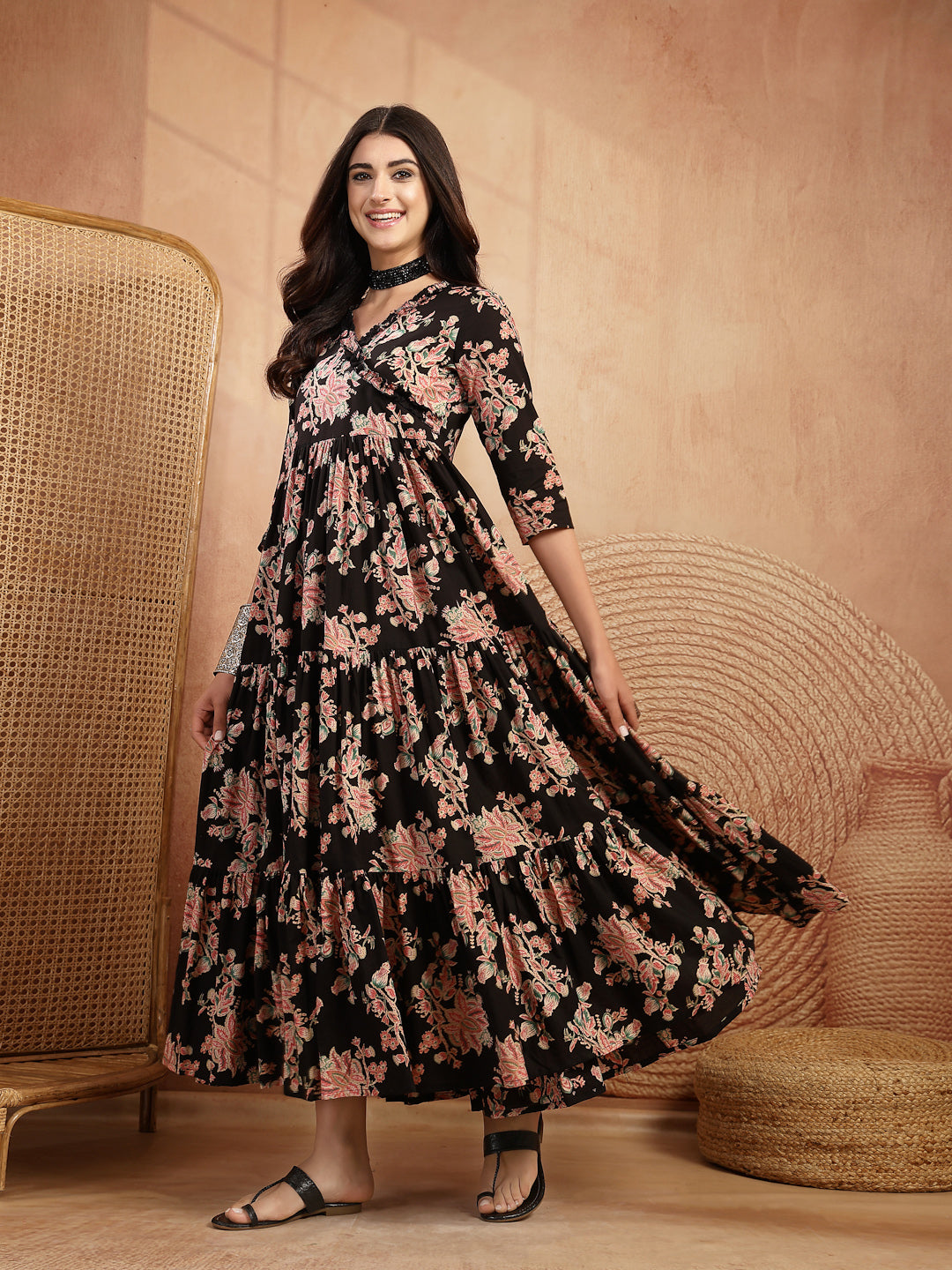 Cotton Calf Length Printed 3/4 Sleeves V-Neck Flared Kurta