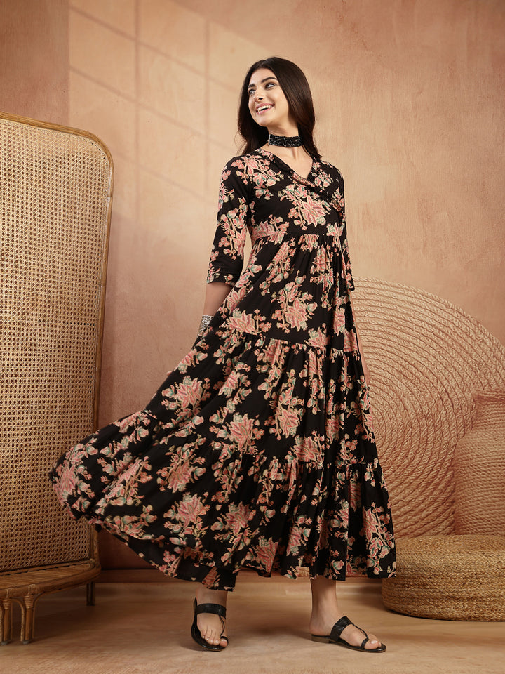 Cotton Calf Length Printed 3/4 Sleeves V-Neck Flared Kurta