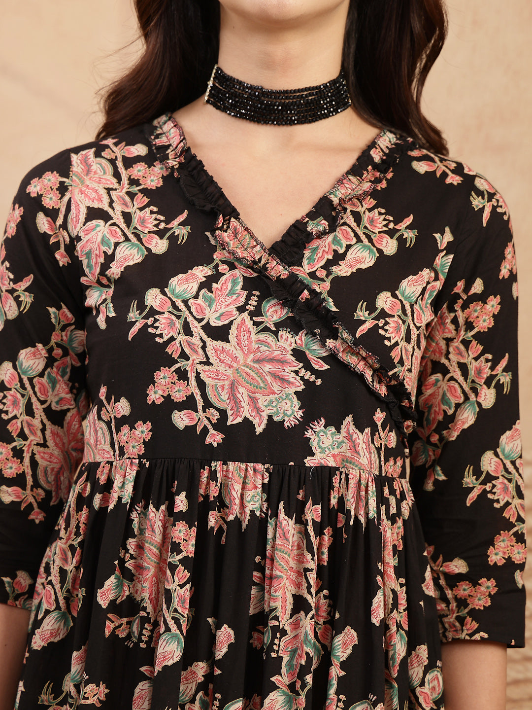 Cotton Calf Length Printed 3/4 Sleeves V-Neck Flared Kurta
