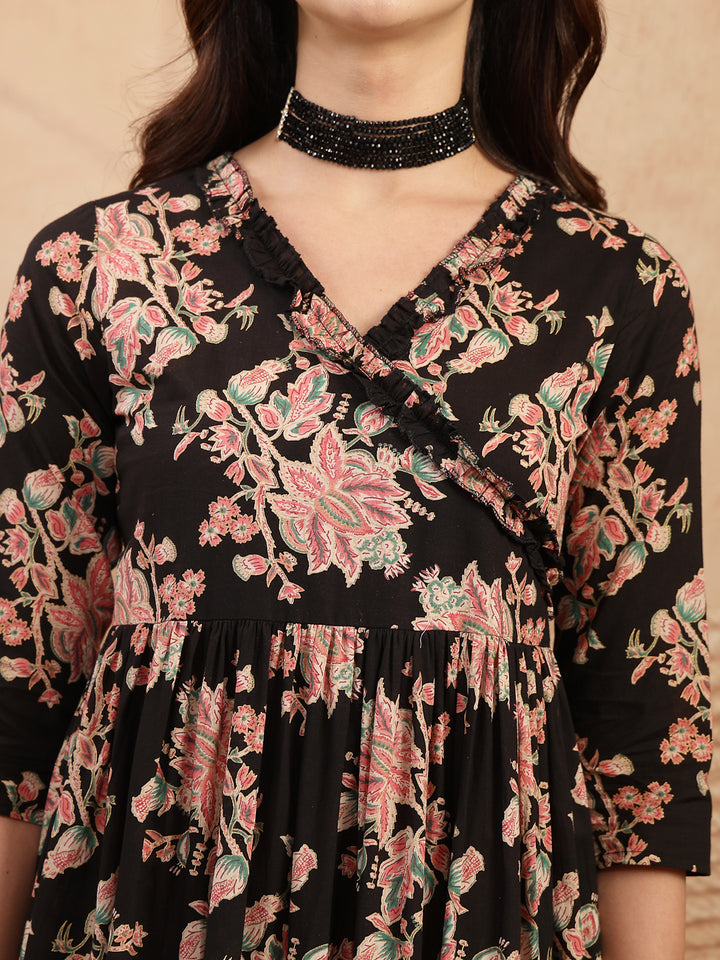 Cotton Calf Length Printed 3/4 Sleeves V-Neck Flared Kurta