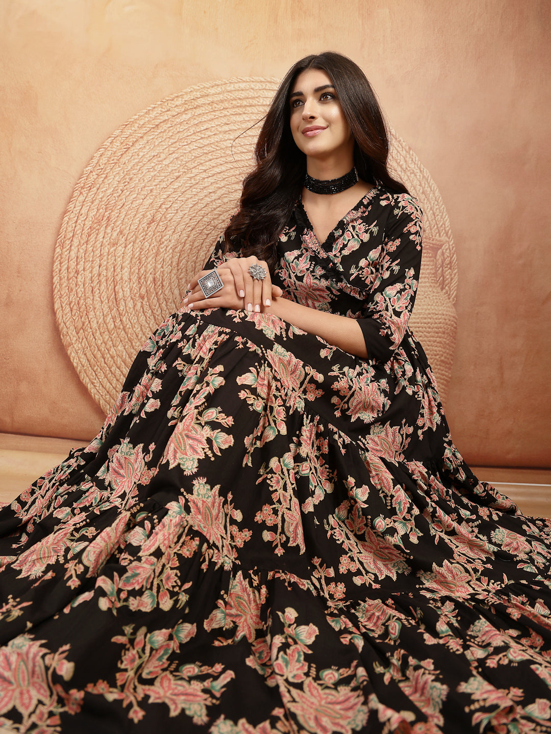 Cotton Calf Length Printed 3/4 Sleeves V-Neck Flared Kurta