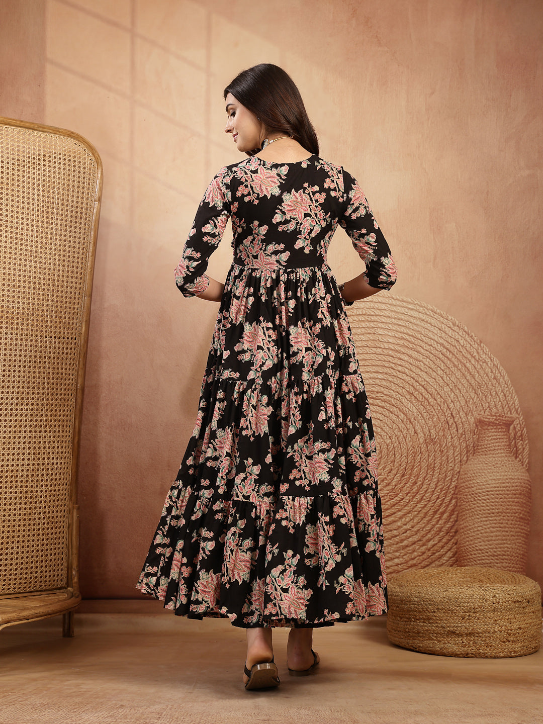 Cotton Calf Length Printed 3/4 Sleeves V-Neck Flared Kurta