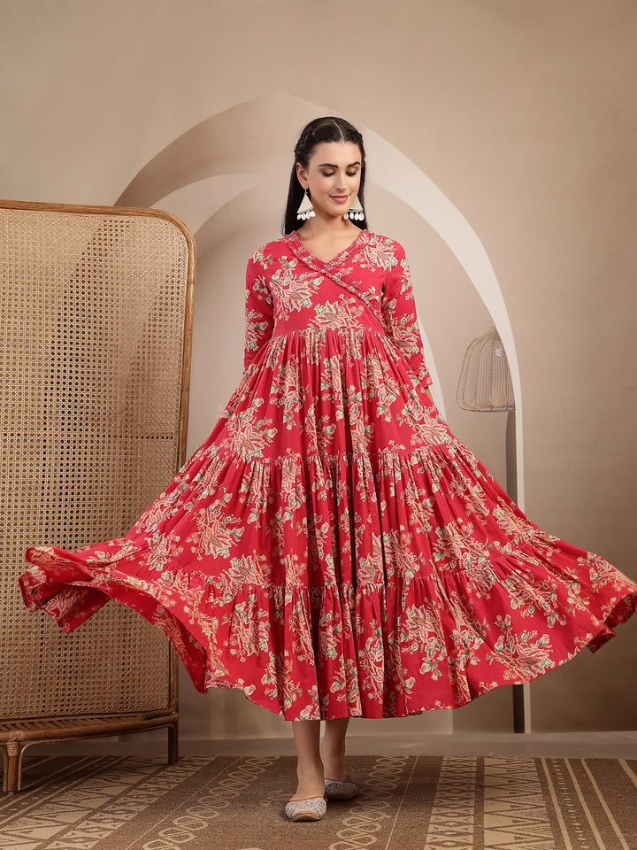 Cotton Calf Length Printed 3/4 Sleeves V-Neck Flared Kurta