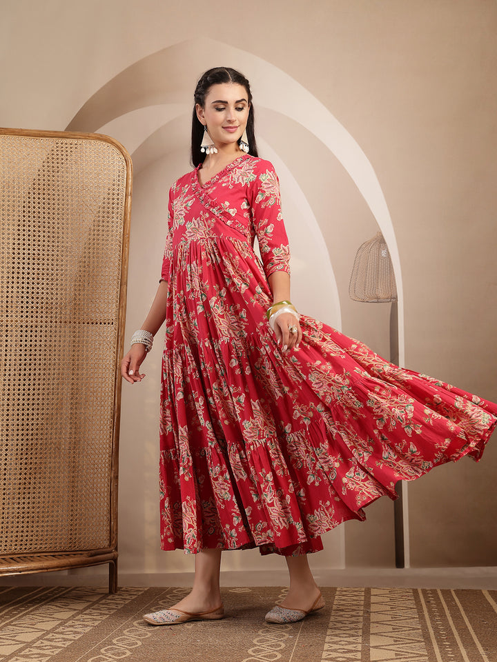 Cotton Calf Length Printed 3/4 Sleeves V-Neck Flared Kurta