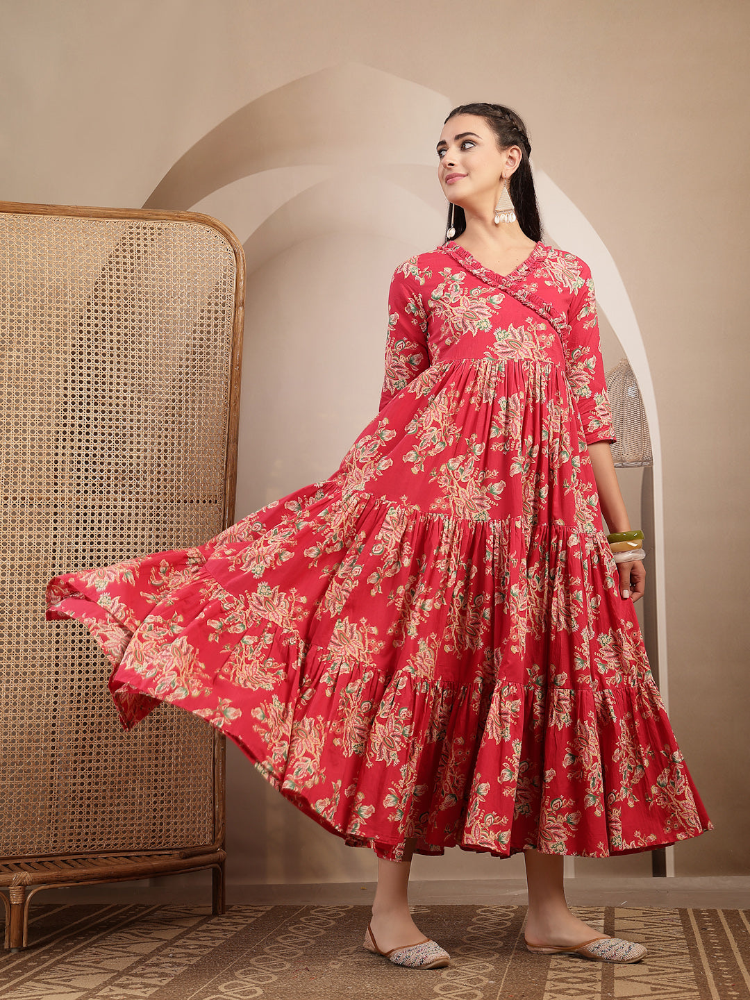Cotton Calf Length Printed 3/4 Sleeves V-Neck Flared Kurta