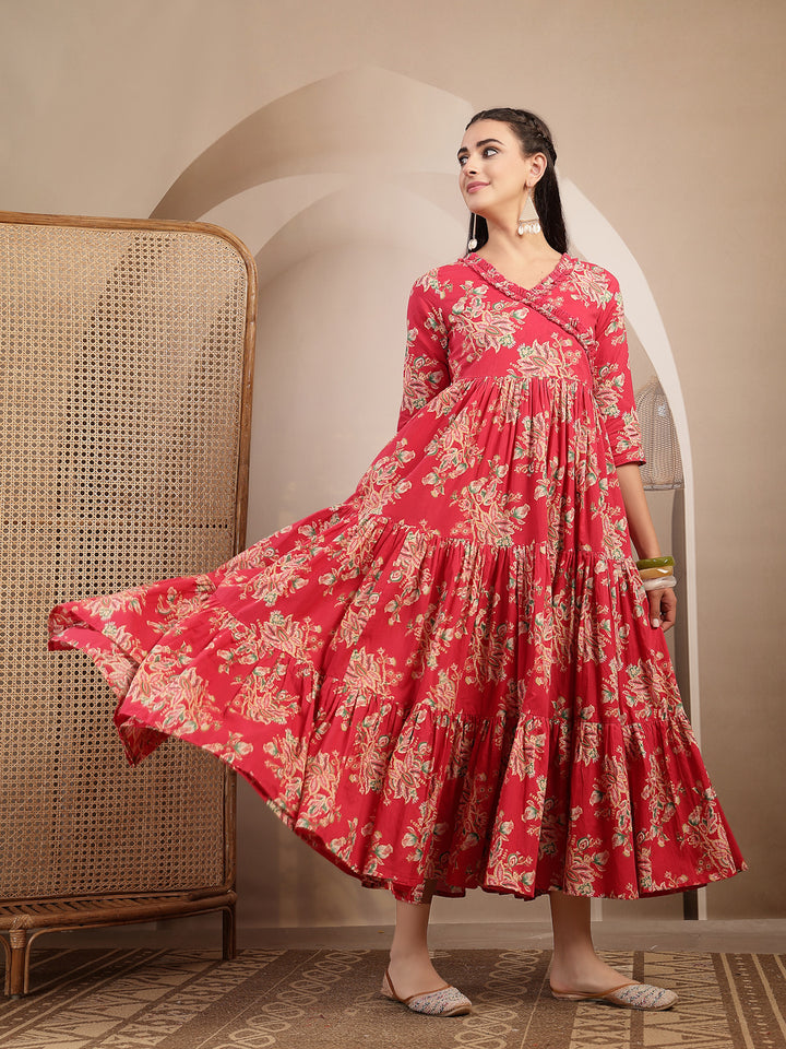 Cotton Calf Length Printed 3/4 Sleeves V-Neck Flared Kurta