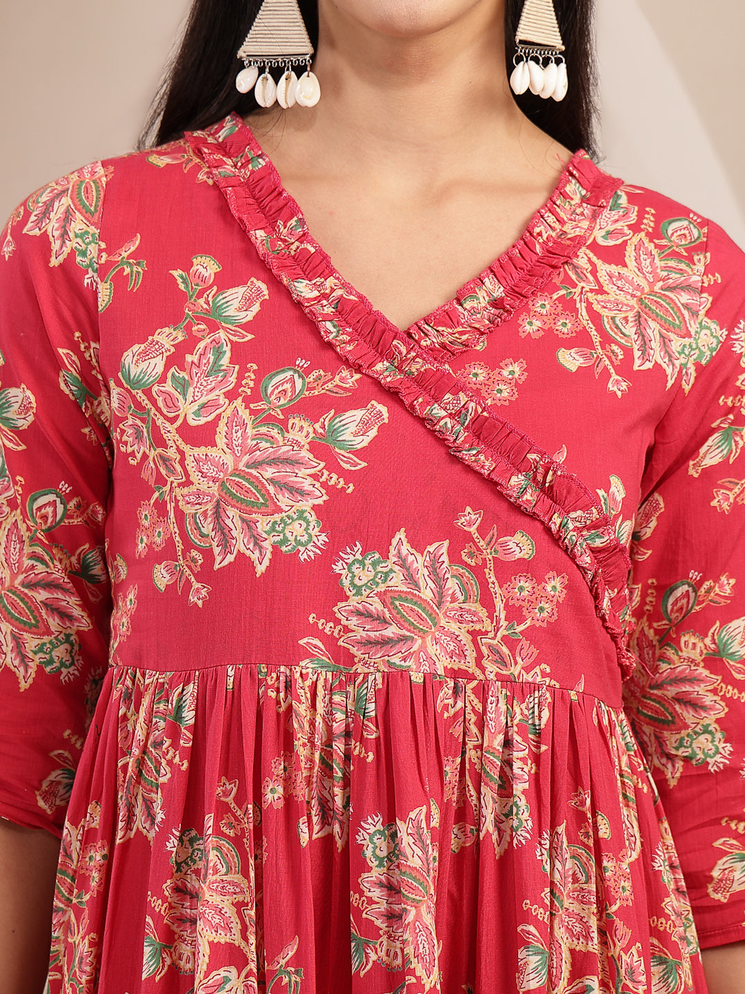 Cotton Calf Length Printed 3/4 Sleeves V-Neck Flared Kurta