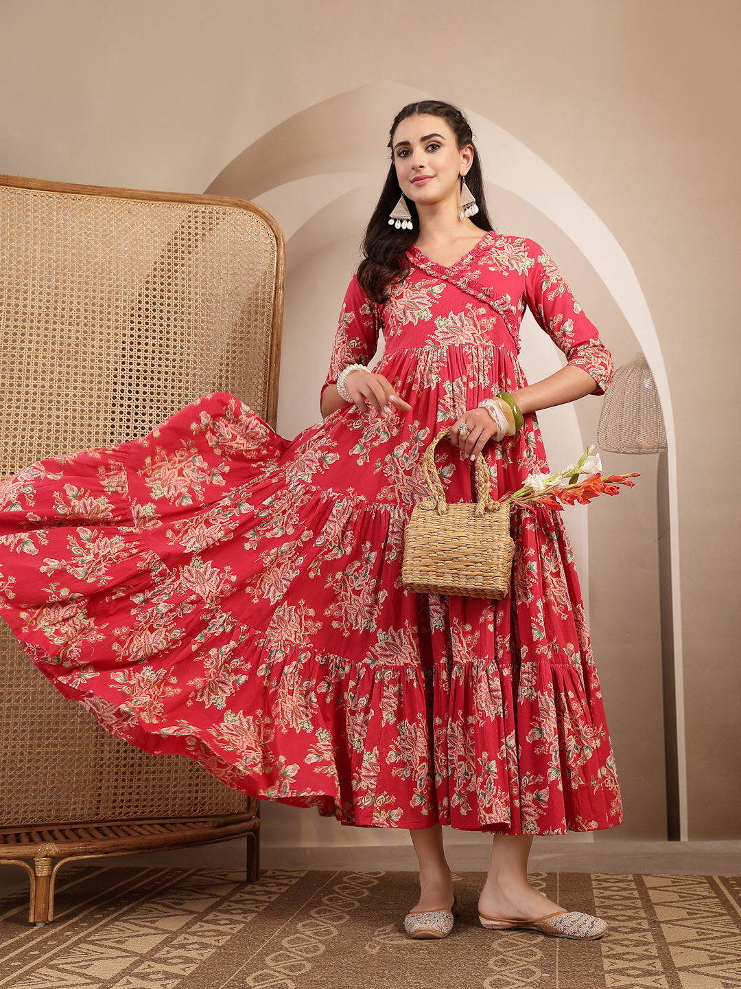Cotton Calf Length Printed 3/4 Sleeves V-Neck Flared Kurta
