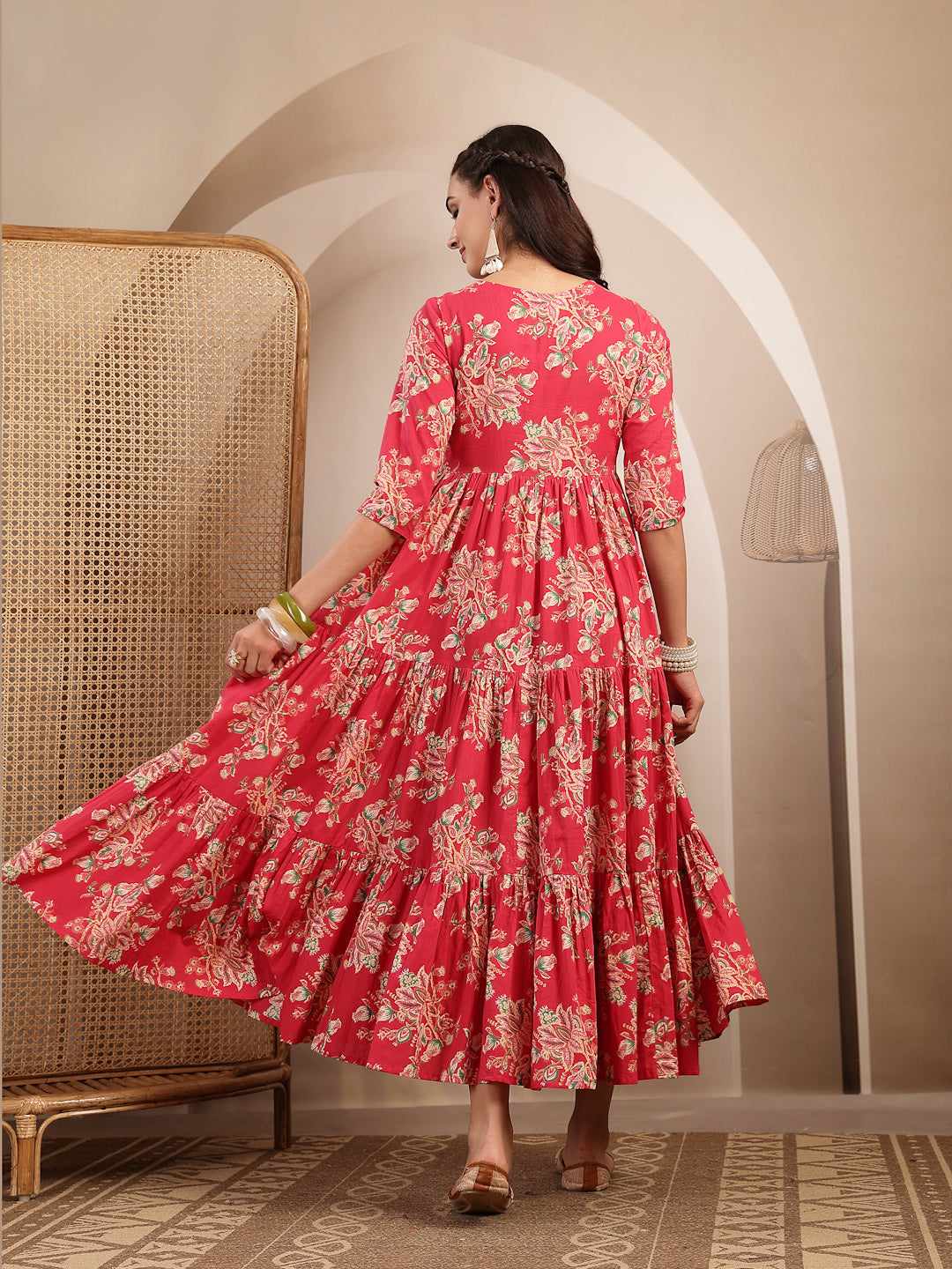 Cotton Calf Length Printed 3/4 Sleeves V-Neck Flared Kurta