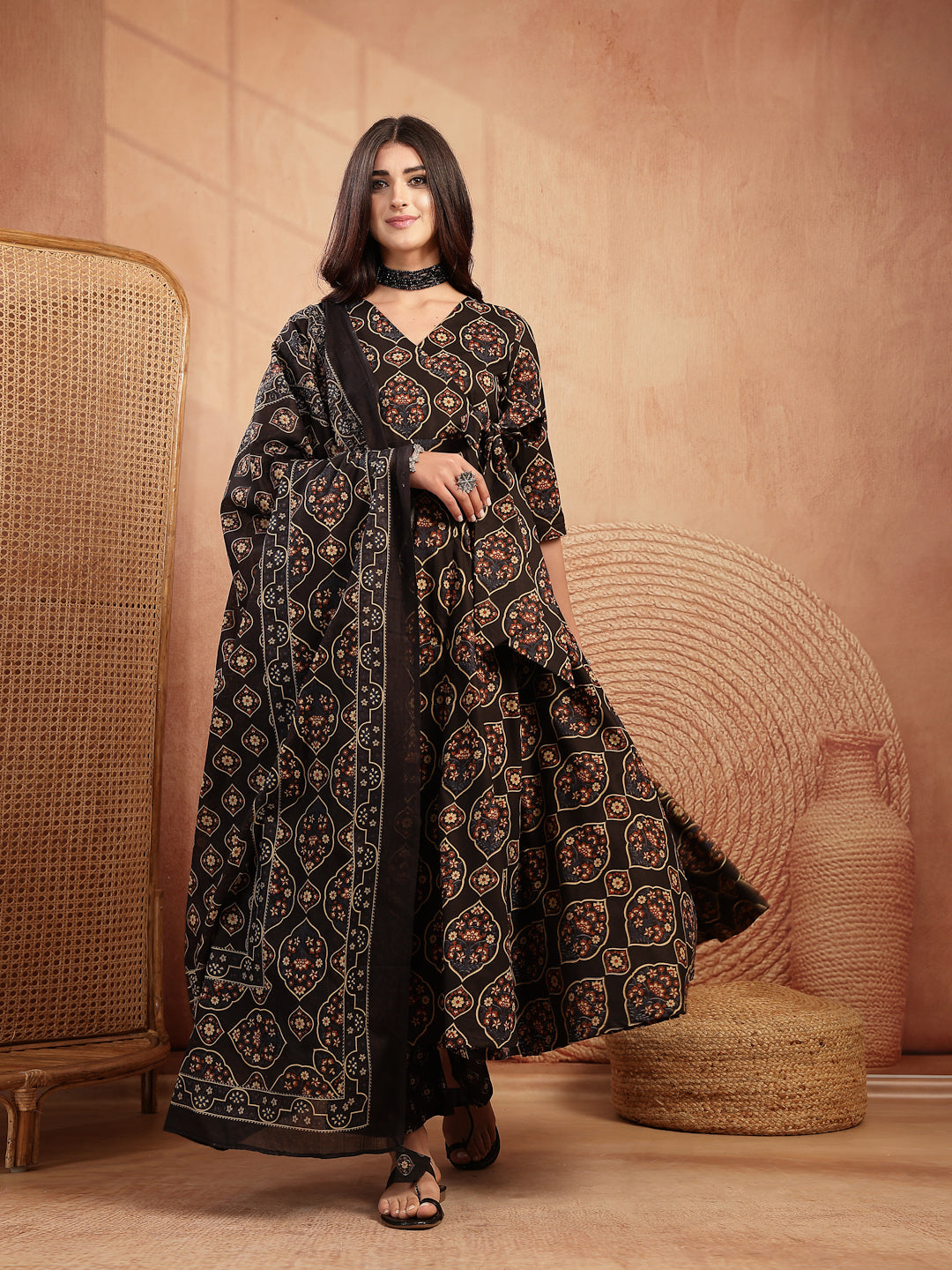 Cotton Calf Length Printed 3/4 Sleeves V-Neck Anarkali Kurta Suit Set