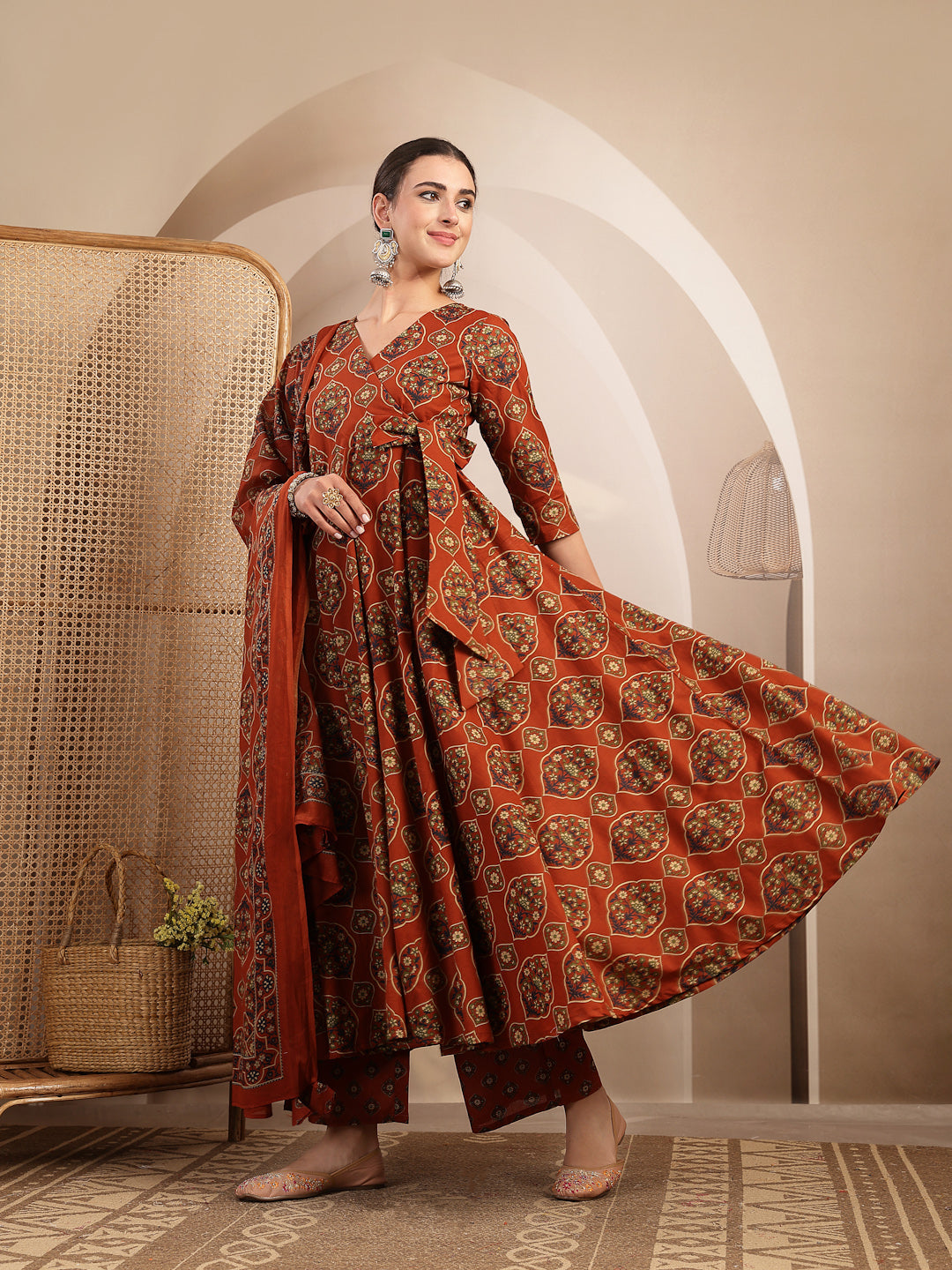 Cotton Calf Length Printed 3/4 Sleeves V-Neck Anarkali Kurta Suit Set