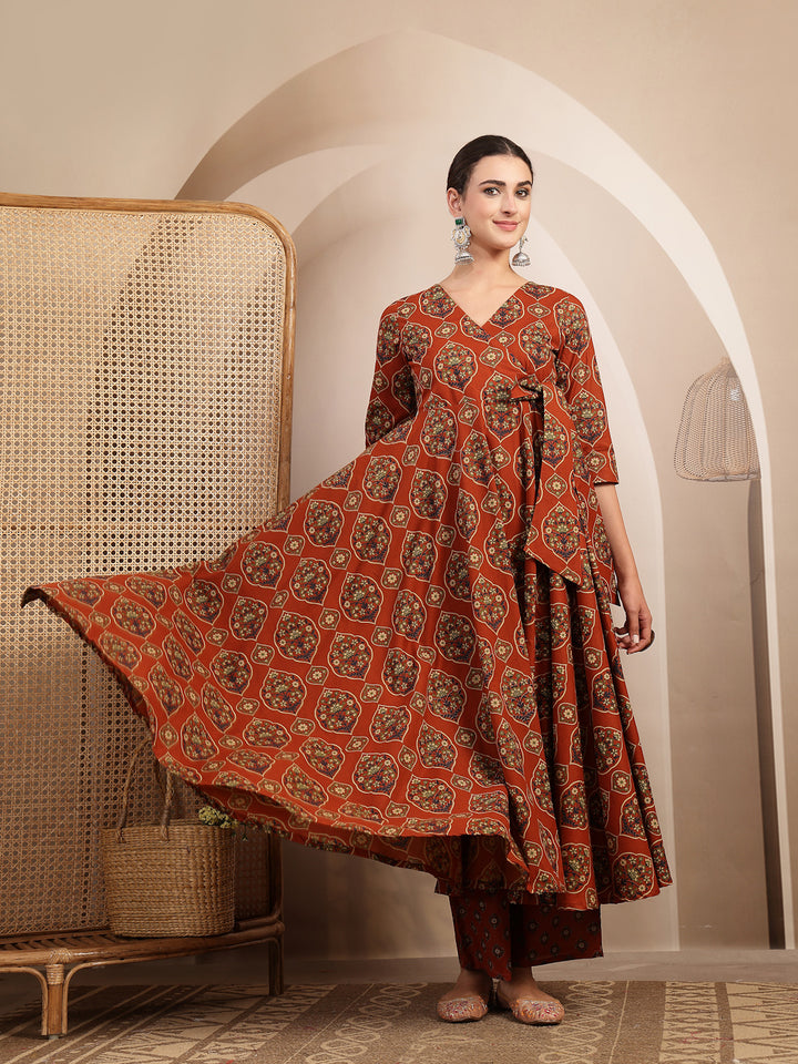Cotton Calf Length Printed 3/4 Sleeves V-Neck Anarkali Kurta Suit Set
