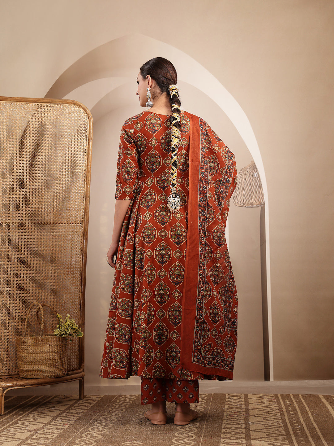 Cotton Calf Length Printed 3/4 Sleeves V-Neck Anarkali Kurta Suit Set