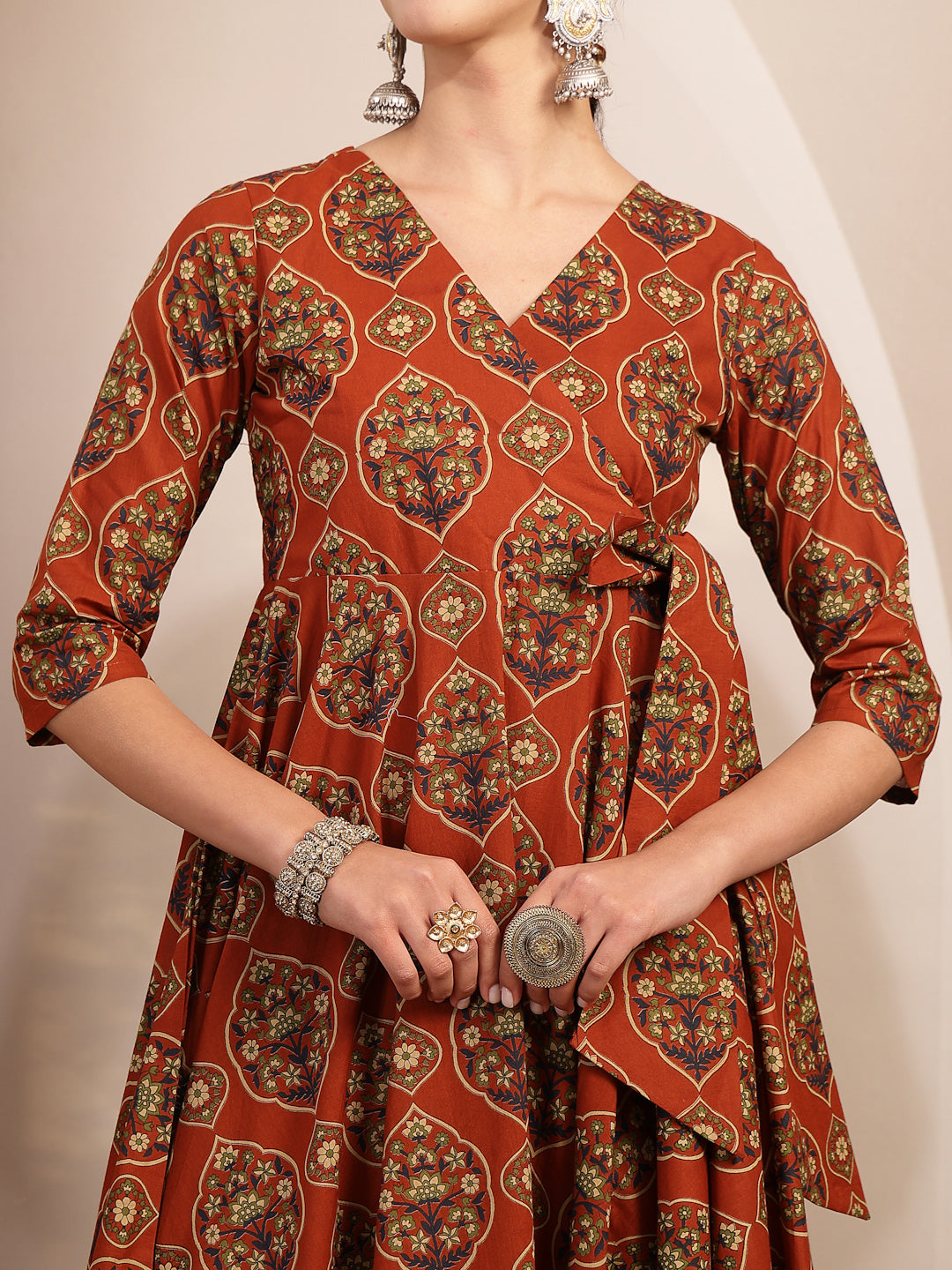 Cotton Calf Length Printed 3/4 Sleeves V-Neck Anarkali Kurta Suit Set