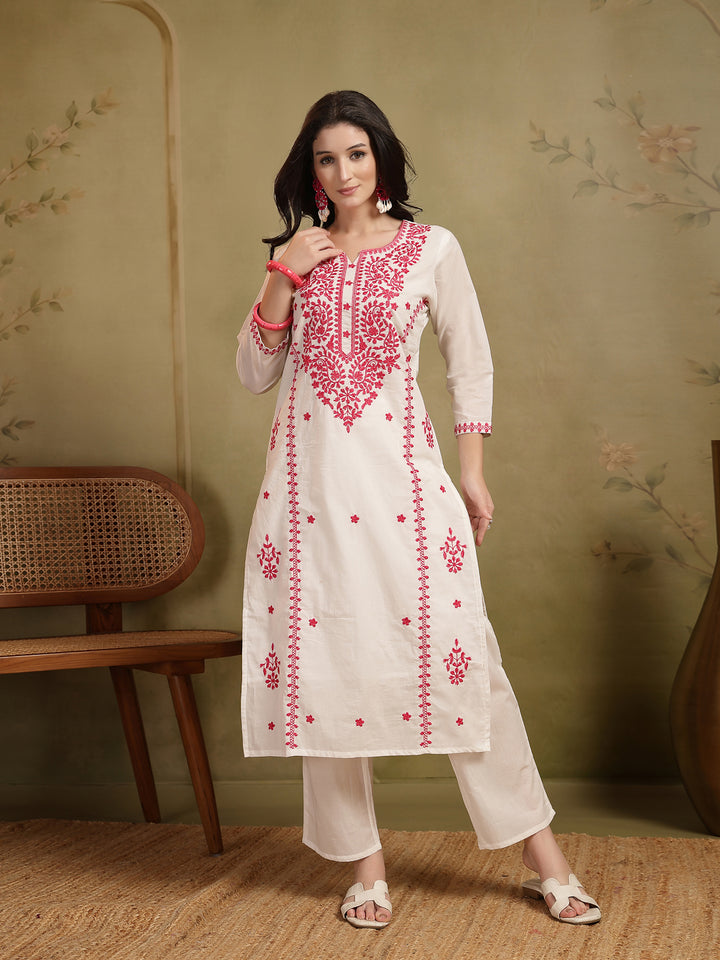 Straight Solid Embroidered Cotton Kurta Set With Malmal Dupatta