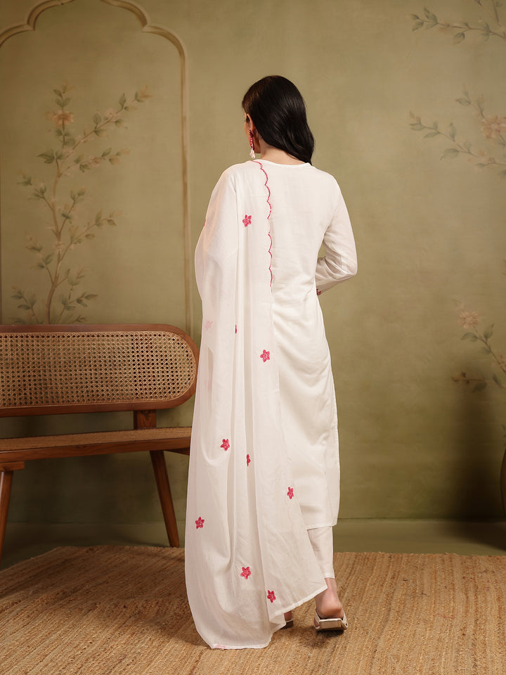Straight Solid Embroidered Cotton Kurta Set With Malmal Dupatta