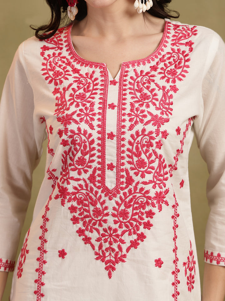 Straight Solid Embroidered Cotton Kurta Set With Malmal Dupatta