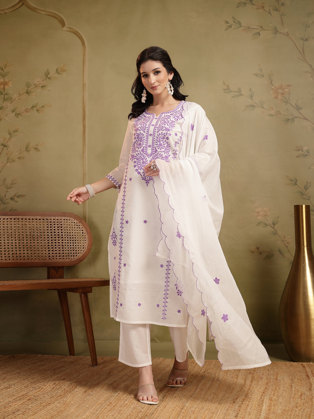 Straight Solid Embroidered Cotton Kurta Set With Malmal Dupatta