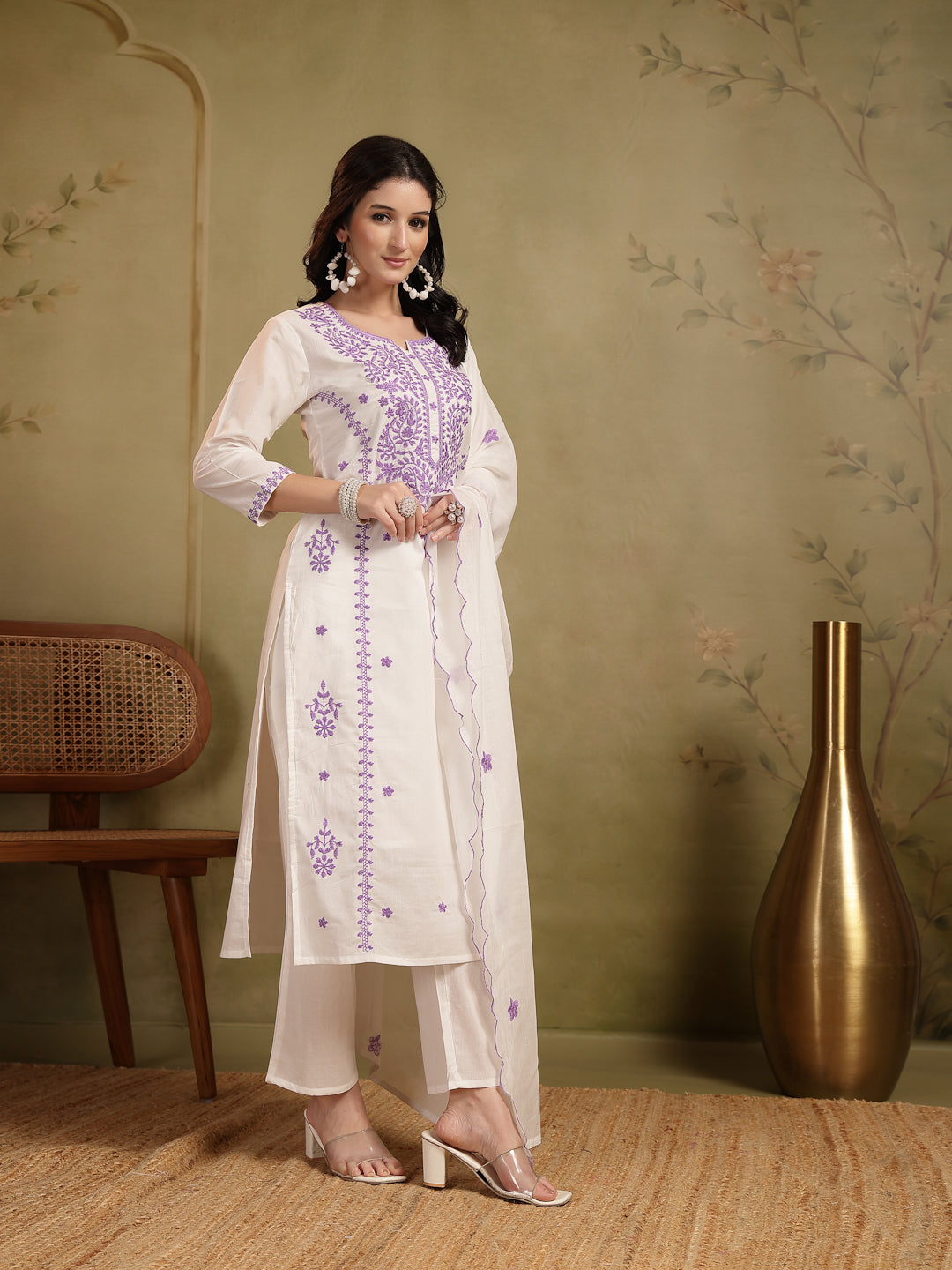 Straight Solid Embroidered Cotton Kurta Set With Malmal Dupatta
