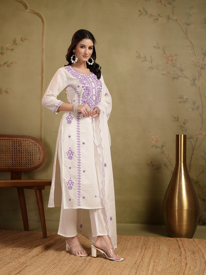 Straight Solid Embroidered Cotton Kurta Set With Malmal Dupatta