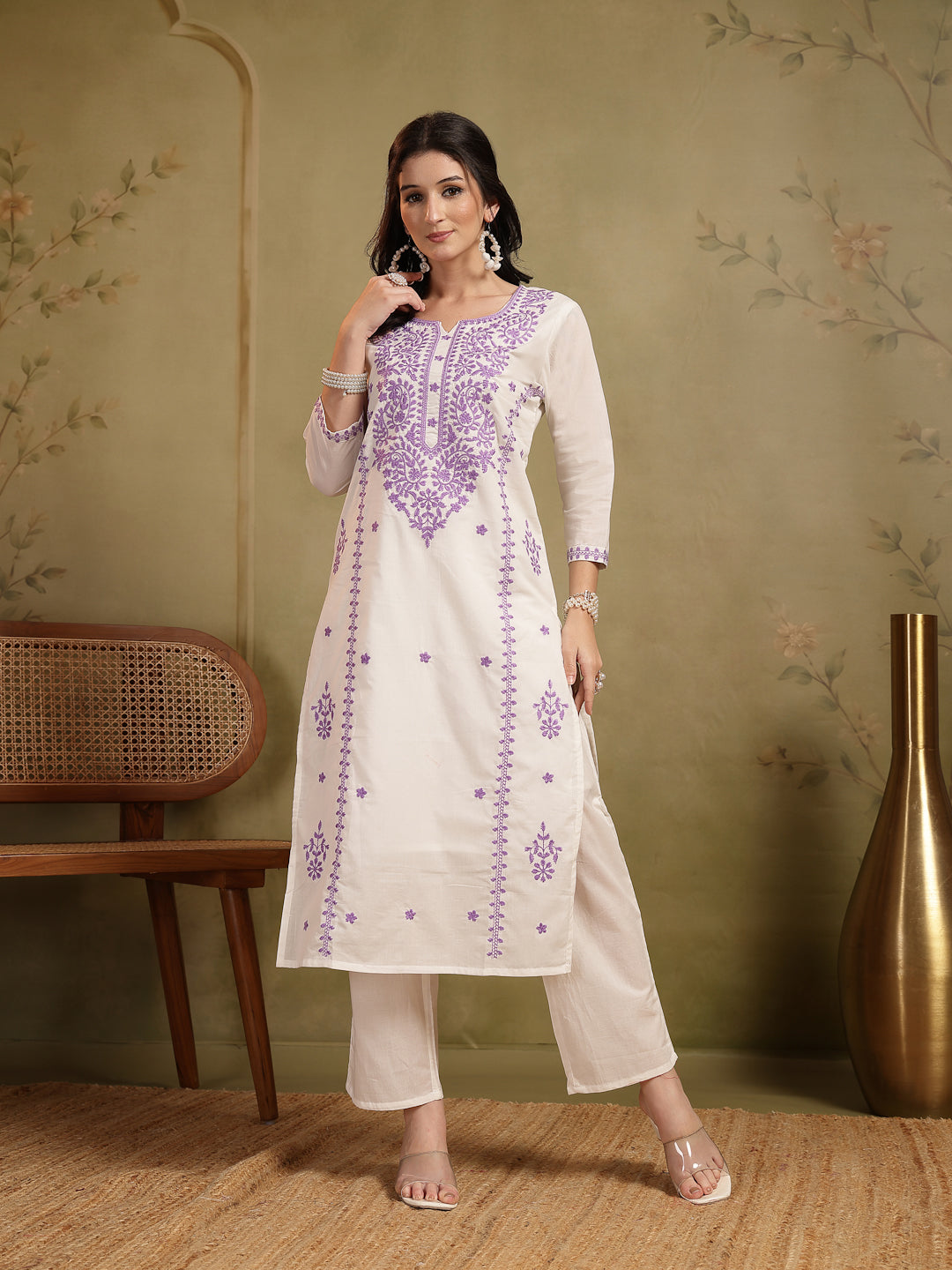 Straight Solid Embroidered Cotton Kurta Set With Malmal Dupatta