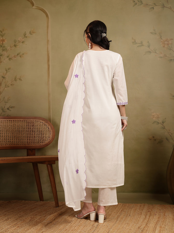 Straight Solid Embroidered Cotton Kurta Set With Malmal Dupatta