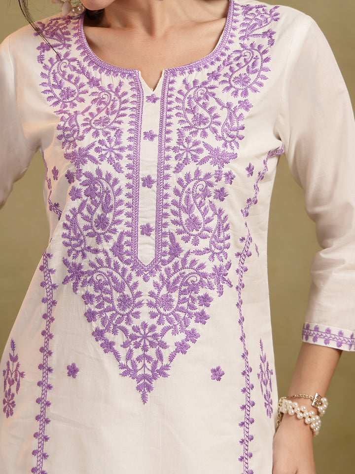 Straight Solid Embroidered Cotton Kurta Set With Malmal Dupatta