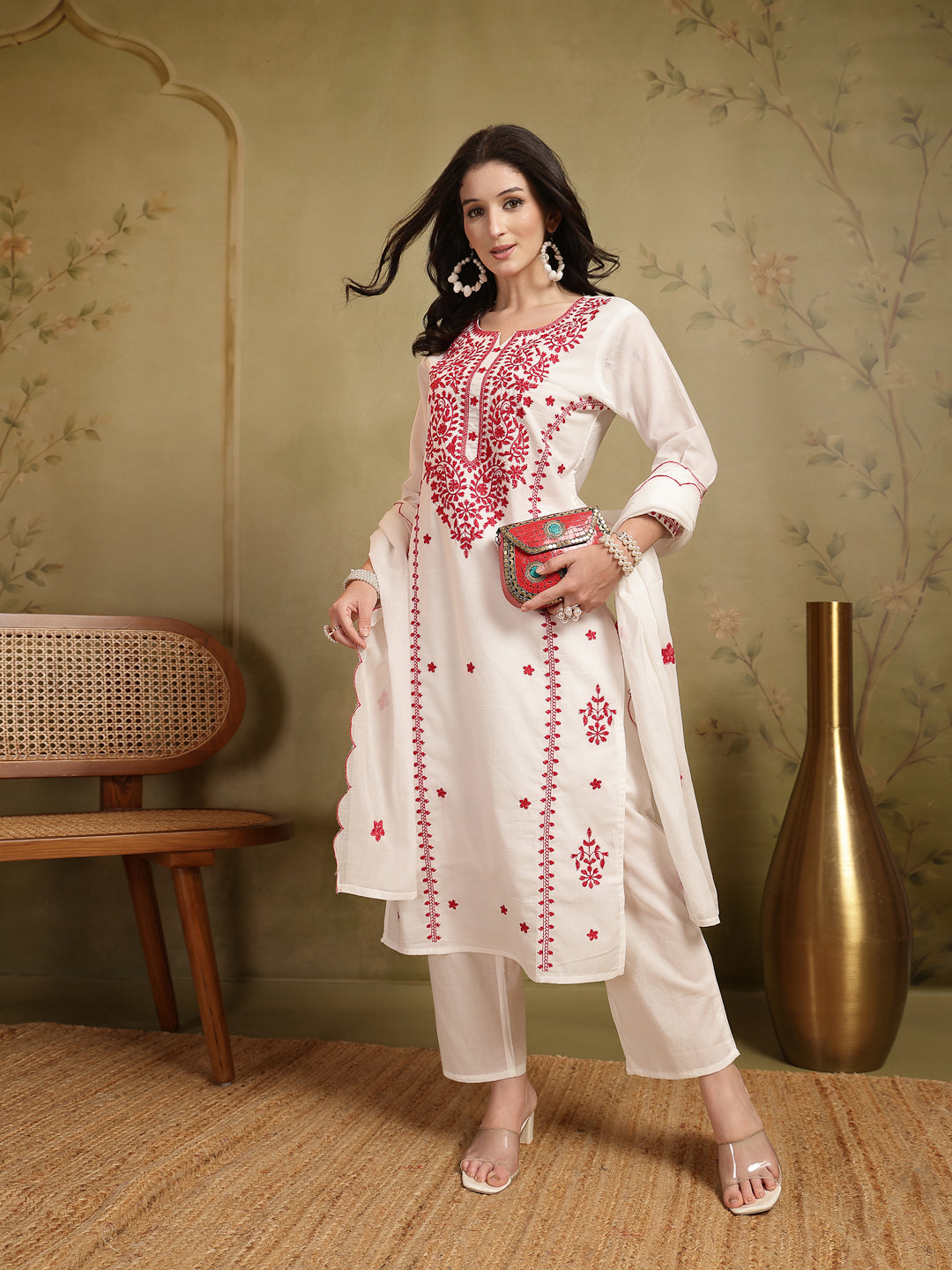Straight Solid Embroidered Cotton Kurta Set With Malmal Dupatta