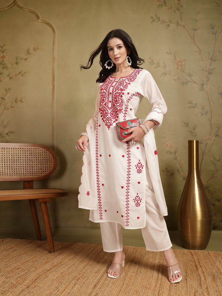 Straight Solid Embroidered Cotton Kurta Set With Malmal Dupatta