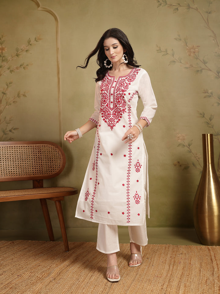 Straight Solid Embroidered Cotton Kurta Set With Malmal Dupatta