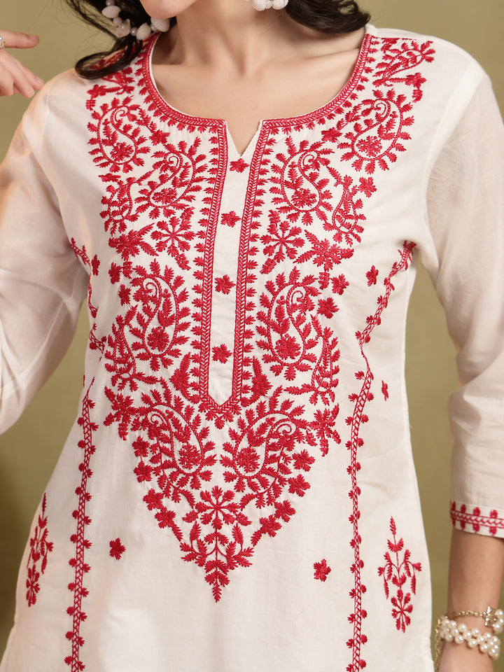 Straight Solid Embroidered Cotton Kurta Set With Malmal Dupatta