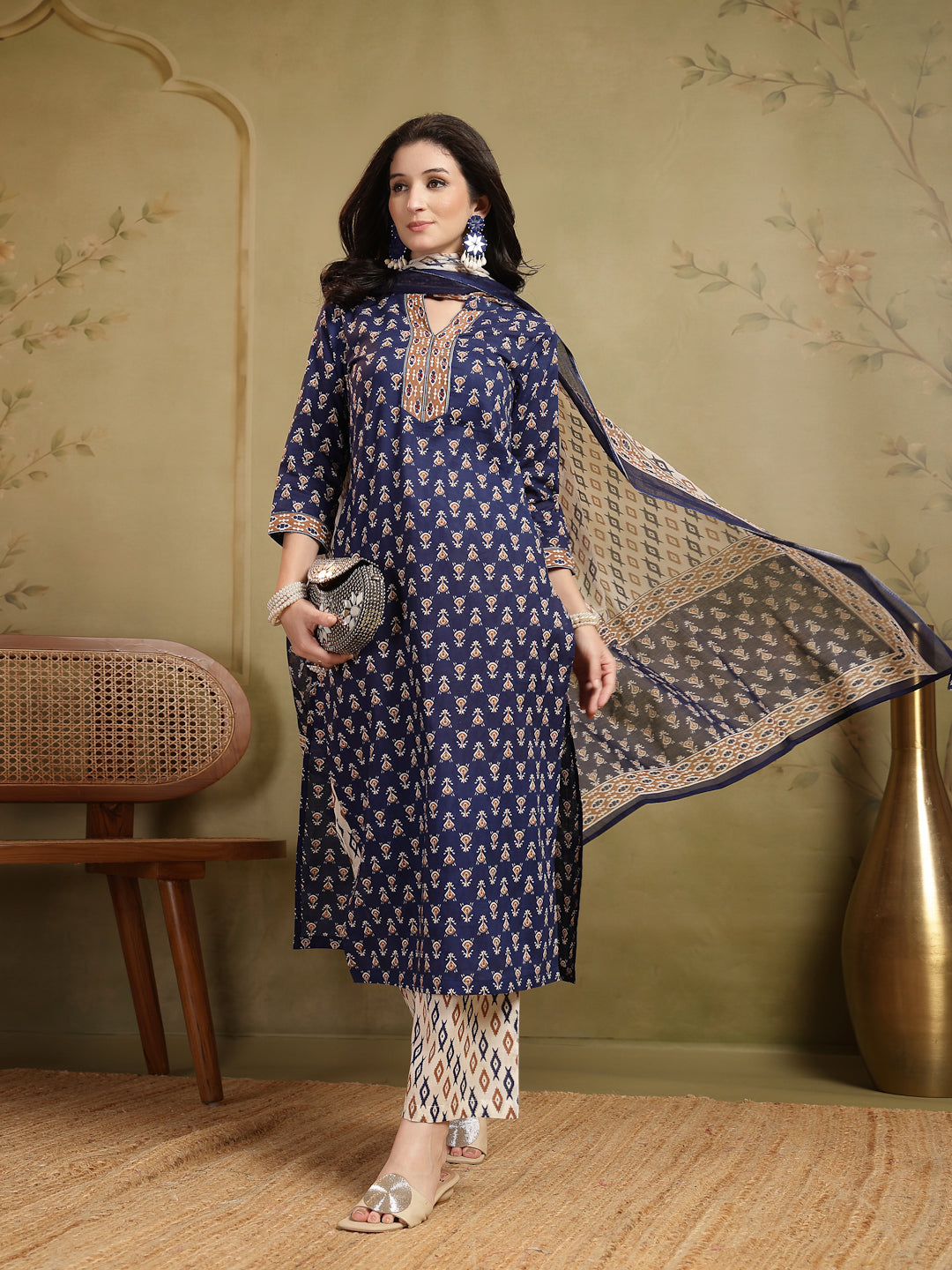 Straight Printed Embellishment Cotton Kurta Set With Malmal Dupatta