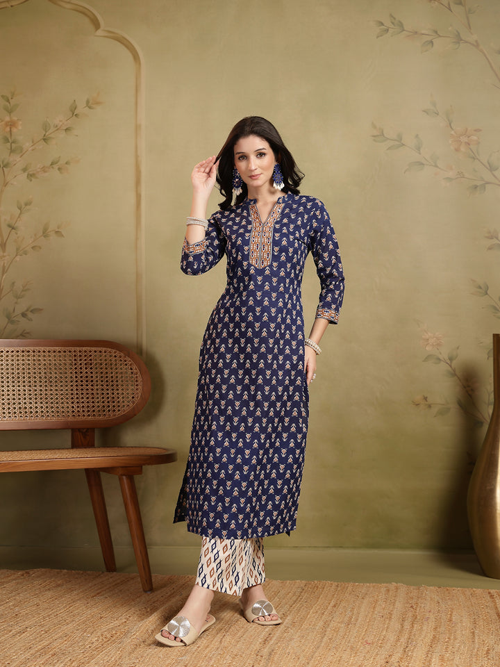 Straight Printed Embellishment Cotton Kurta Set With Malmal Dupatta