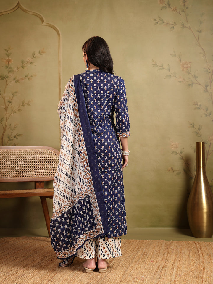 Straight Printed Embellishment Cotton Kurta Set With Malmal Dupatta