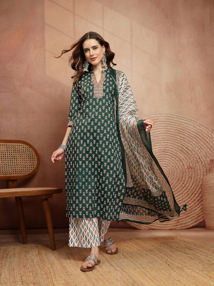 Straight Printed Embellishment Cotton Kurta Set With Malmal Dupatta