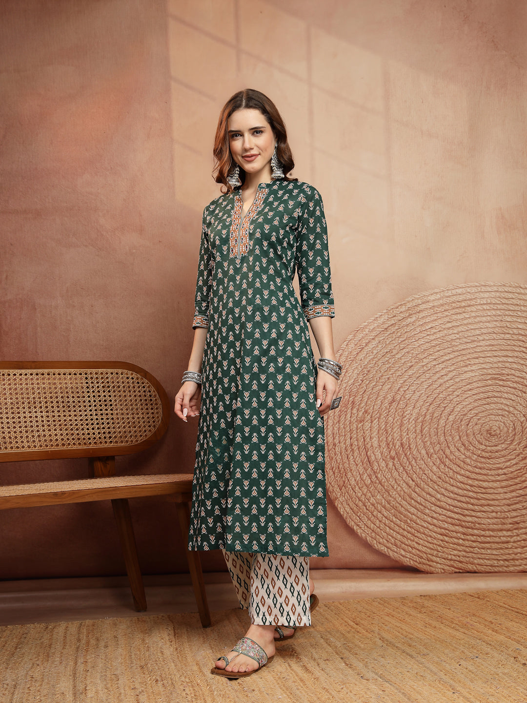 Straight Printed Embellishment Cotton Kurta Set With Malmal Dupatta
