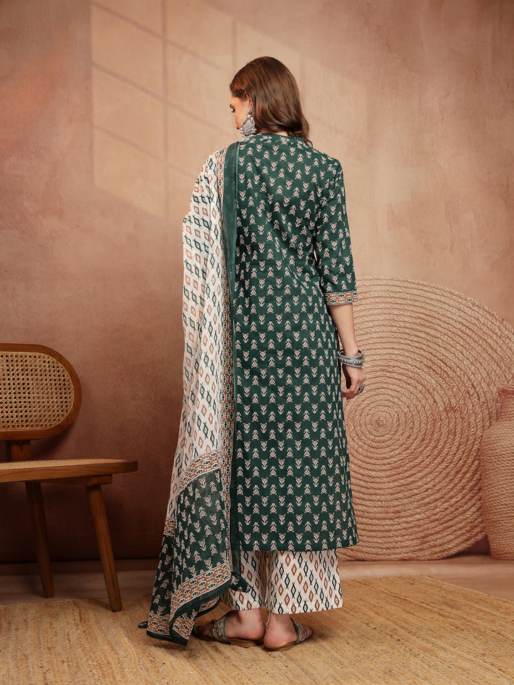Straight Printed Embellishment Cotton Kurta Set With Malmal Dupatta