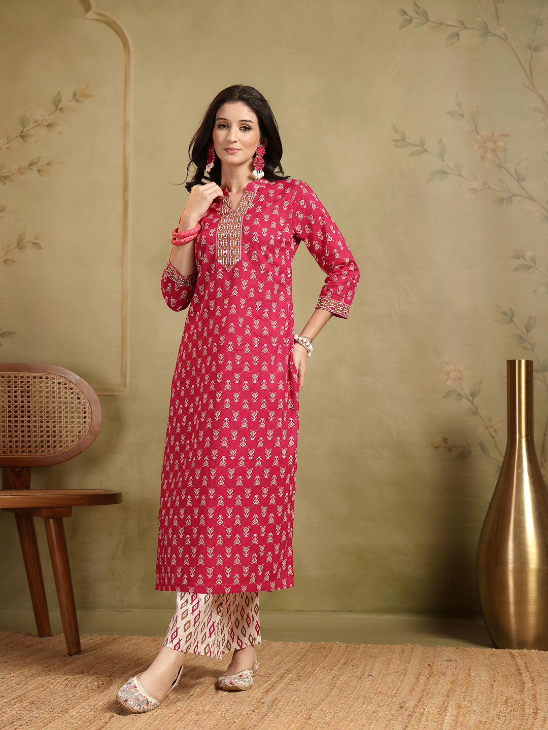 Straight Printed Embellishment Cotton Kurta Set With Malmal Dupatta
