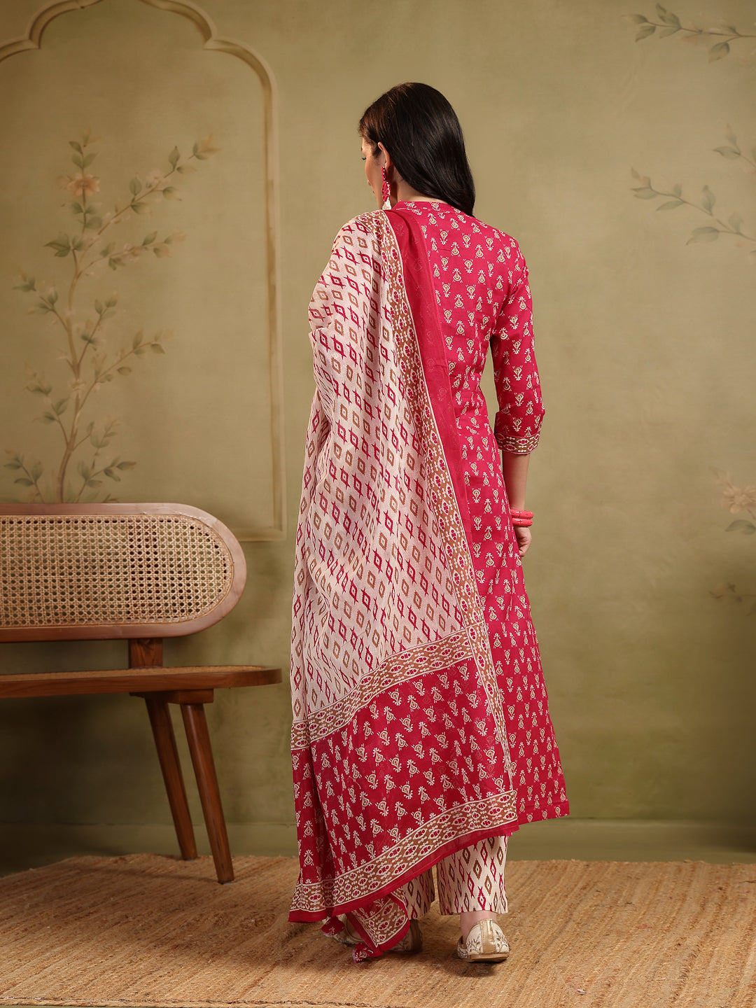 Straight Printed Embellishment Cotton Kurta Set With Malmal Dupatta