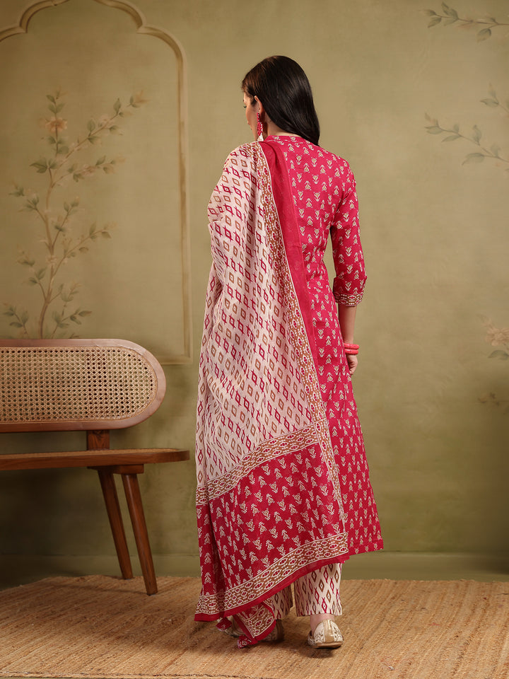Straight Printed Embellishment Cotton Kurta Set With Malmal Dupatta